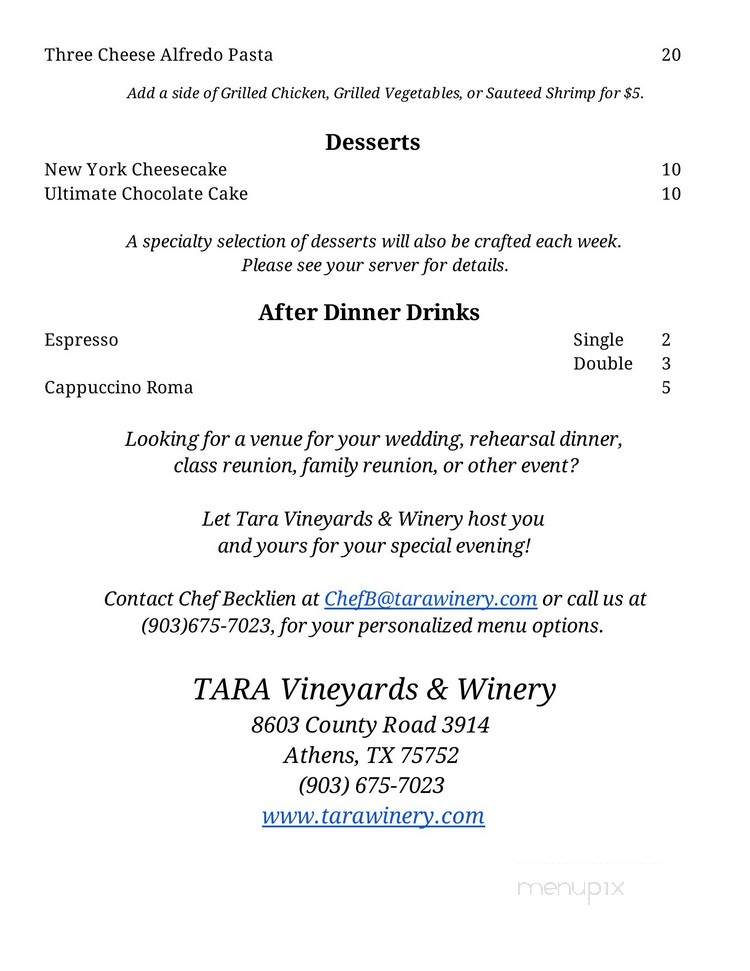 Tara Winery - Athens, TX menu_pic