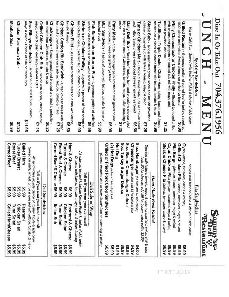 Sammy's Deli Restaurants - Charlotte, NC menu_pic