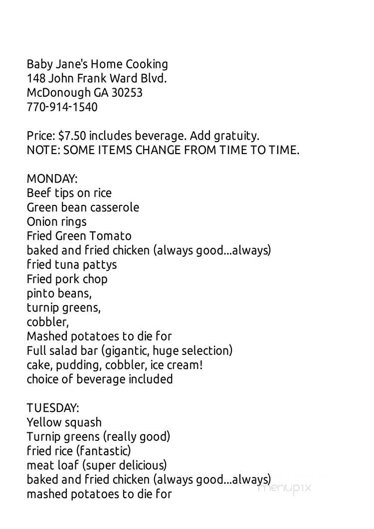 Baby Jane's Home Cooking - Mcdonough, GA menu_pic