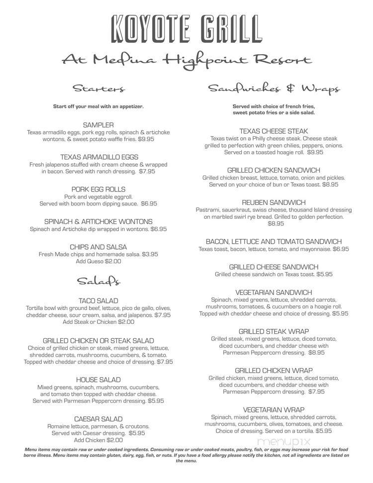 Koyote Grill - Medina, TX menu_pic