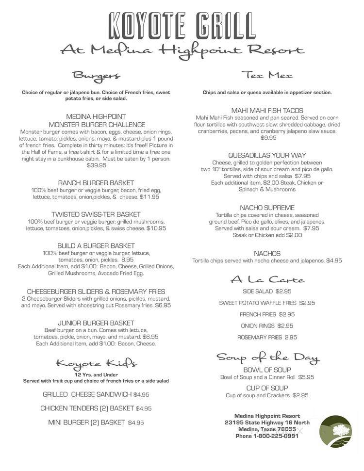 Koyote Grill - Medina, TX menu_pic