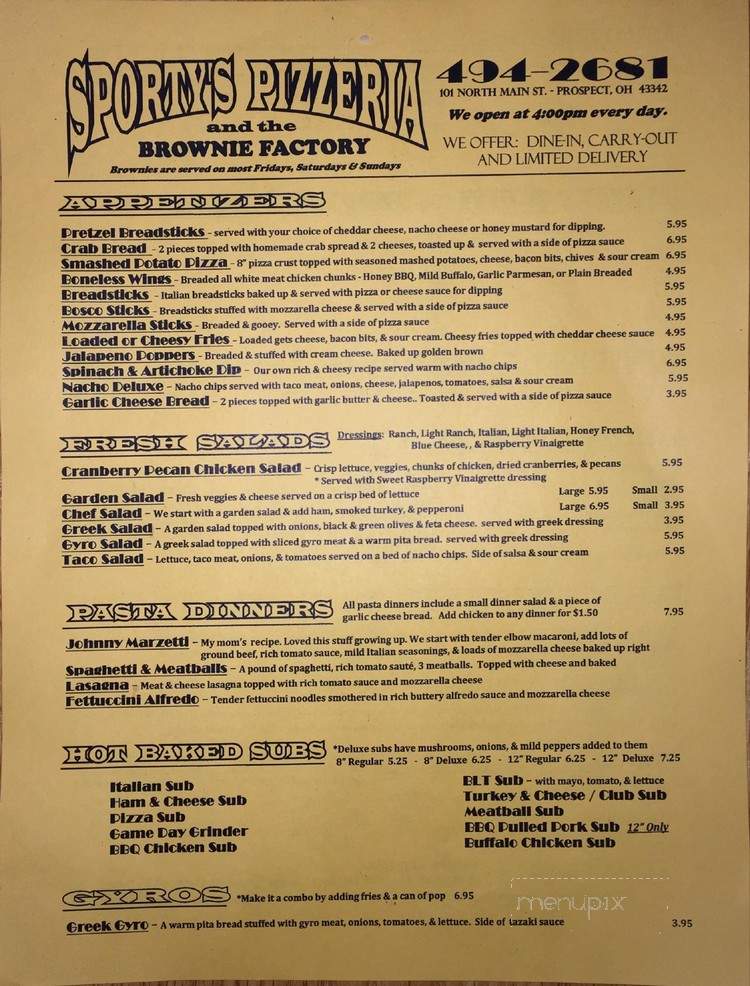 Sporty's Pizzeria - Prospect, OH menu_pic