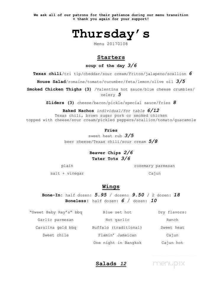 Thursdays Restaurant - Beaver, PA menu_pic