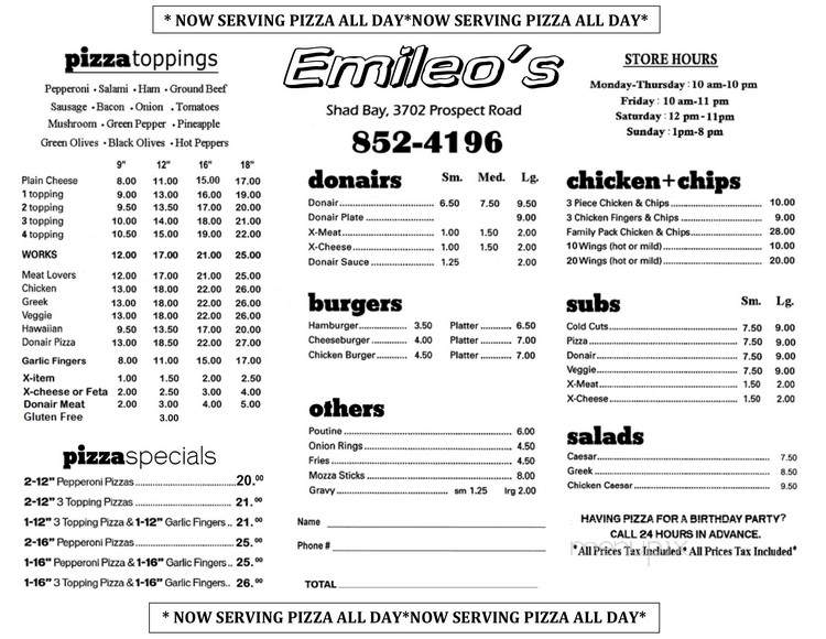 Emileo's Snack Bar - Shad Bay, NS menu_pic