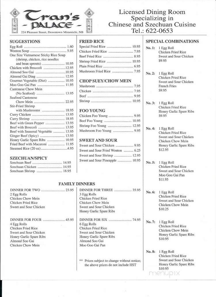 Tran's Palace Restaurant - Miramichi, NB menu_pic