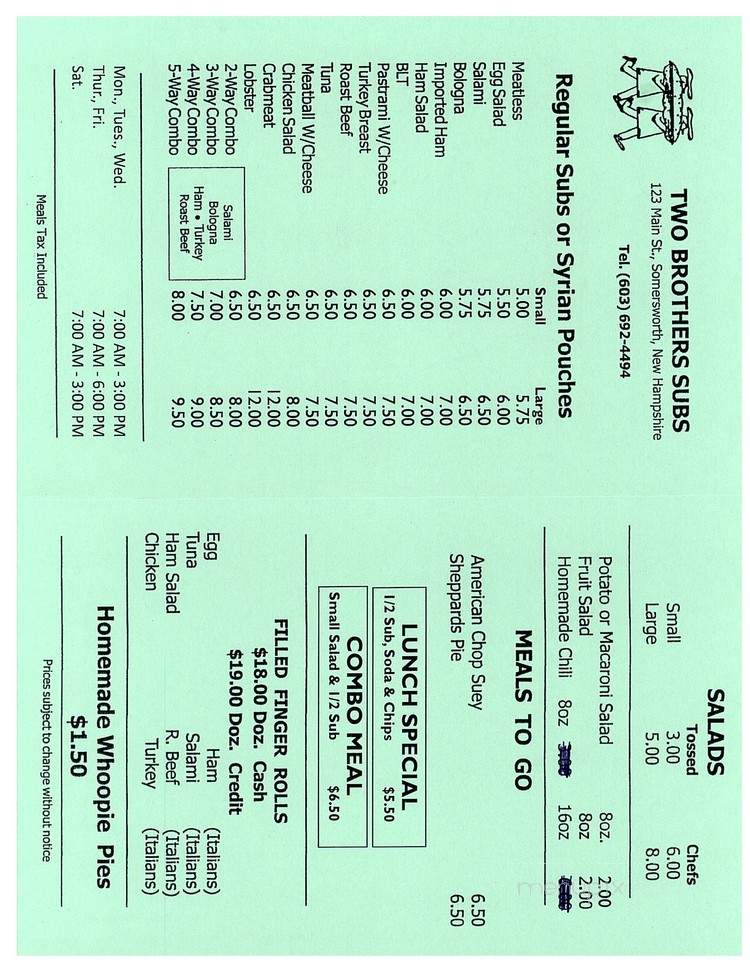 Two Brothers Subs - Somersworth, NH menu_pic