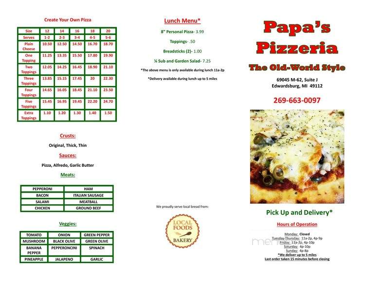 Papa's Pizzeria - Edwardsburg, MI