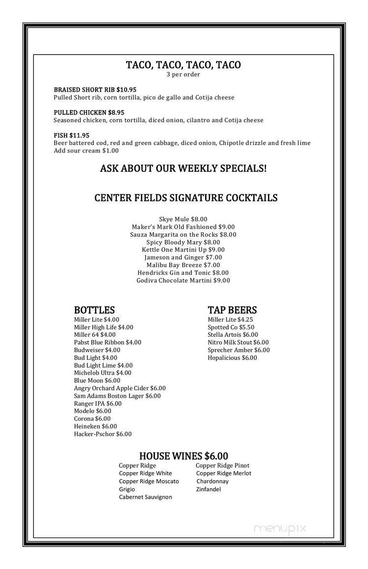 Center Fields Sports Bar and Grill - Milwaukee, WI menu_pic
