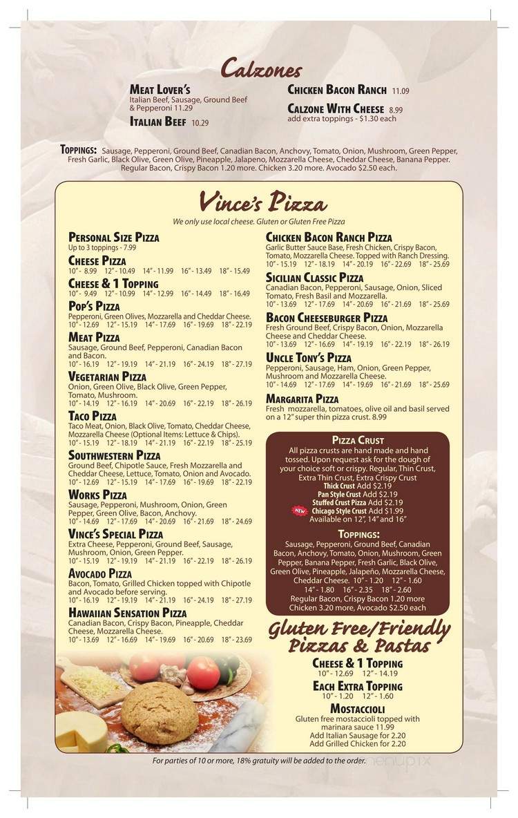 Menu of Vinces Restaurant & Pizzeria in Monroe, WI 53566