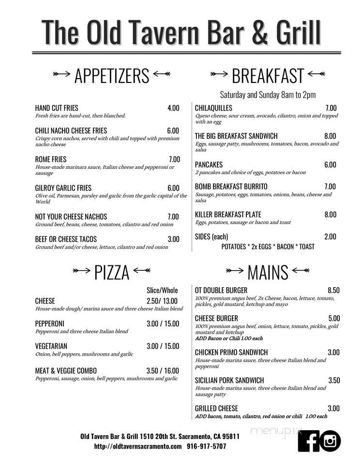 Old Tavern Bar & Grill - Sacramento, CA menu_pic