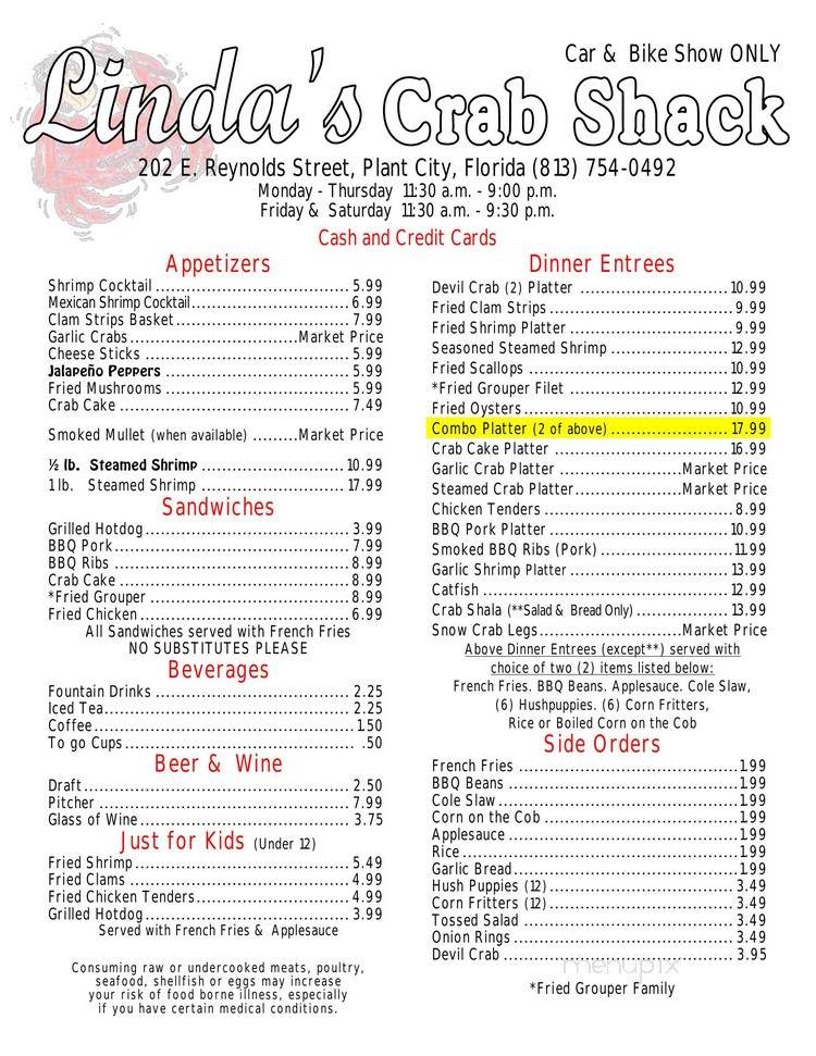 Menu of Linda�s Crab Shack in Plant City, FL 33563