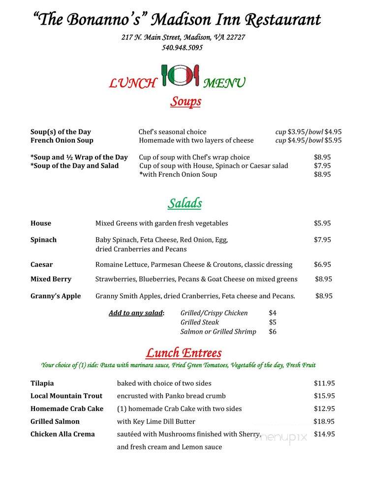 BONANNO'S MADISON INN RESTAURANT - Madison, VA menu_pic