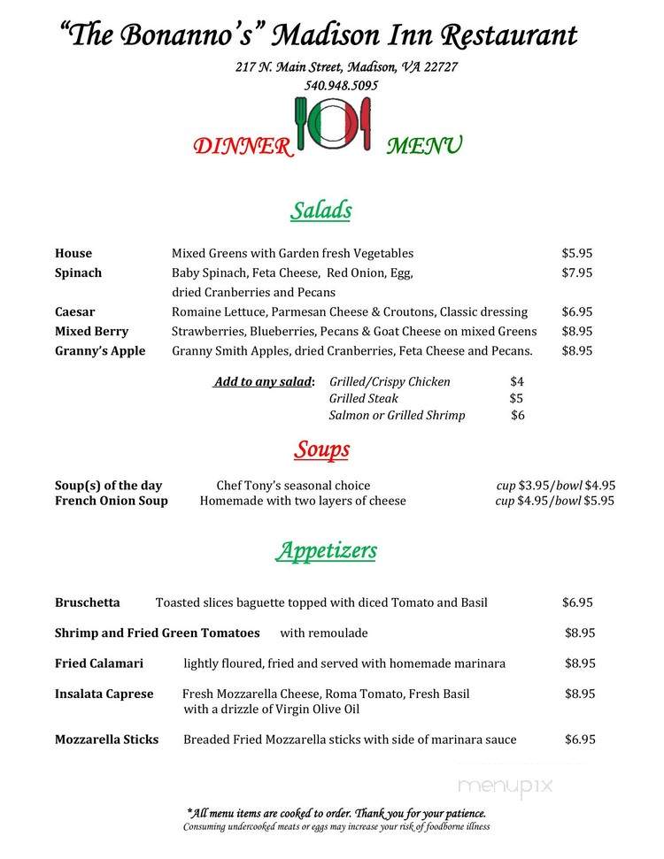 BONANNO'S MADISON INN RESTAURANT - Madison, VA menu_pic