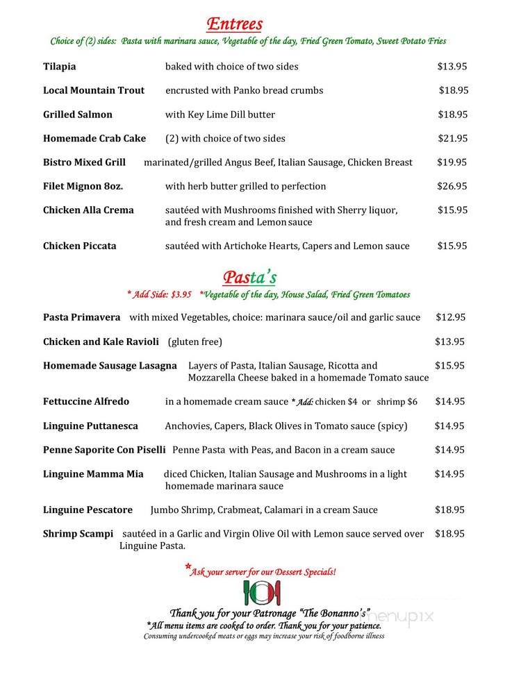 BONANNO'S MADISON INN RESTAURANT - Madison, VA menu_pic