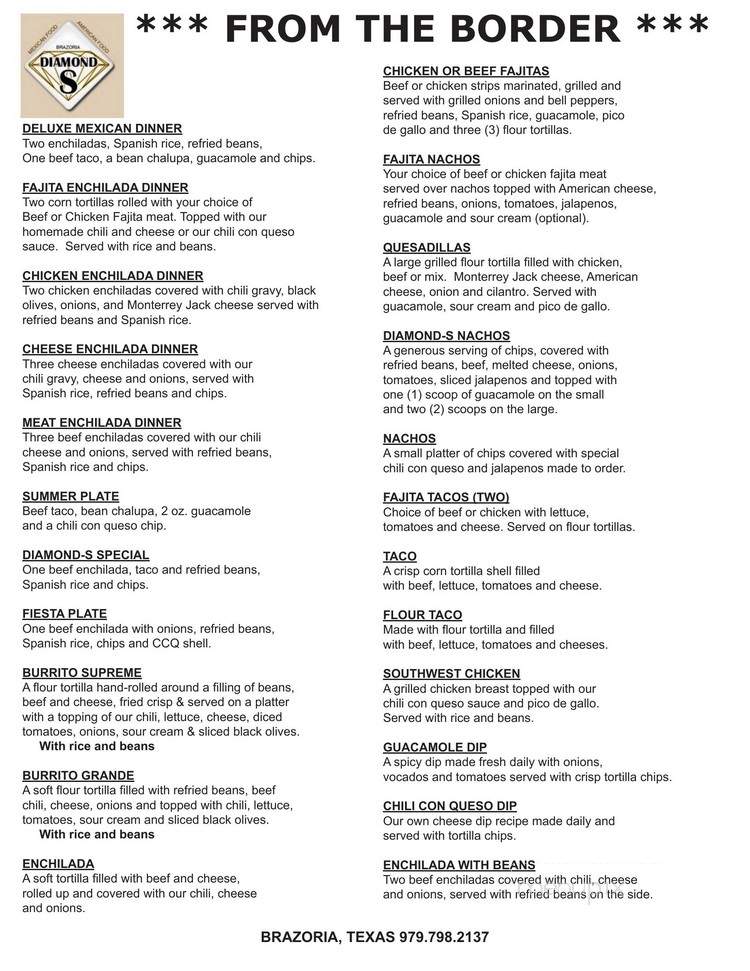 Diamond S Restaurant - Brazoria, TX menu_pic