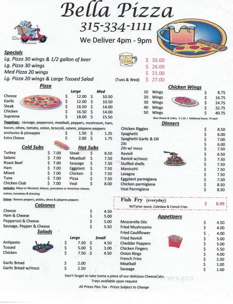 Menu of Bella Pizza in Taberg, NY 13471