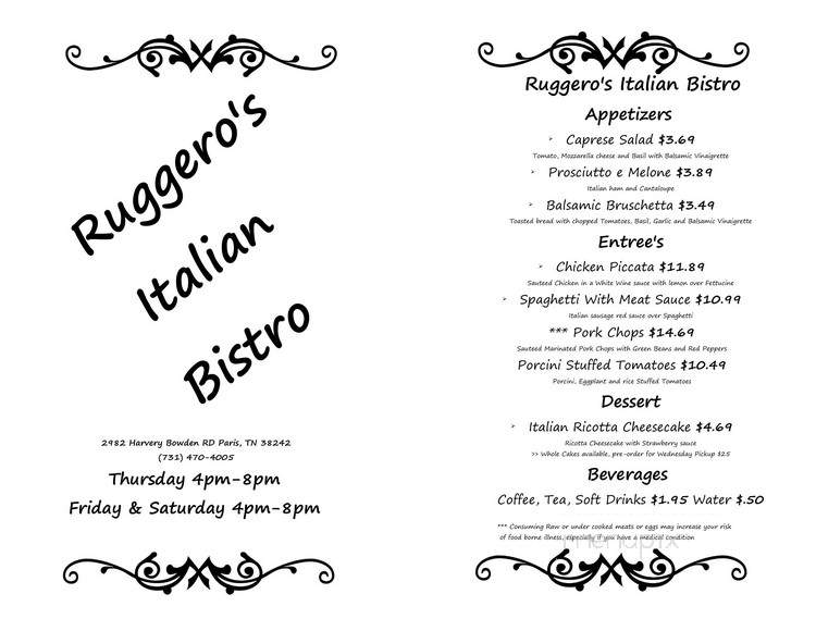 Ruggero's Italian Bistro @ Paris Winery - Paris, TN menu_pic