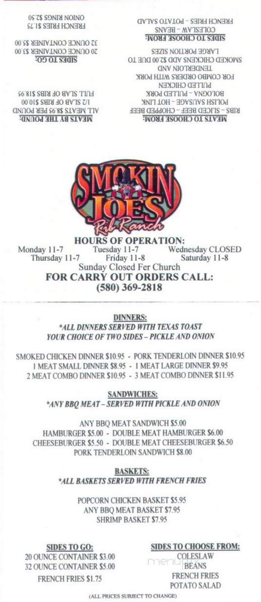 Smokin' Joe's BBQ & RV Park - Davis, OK menu_pic