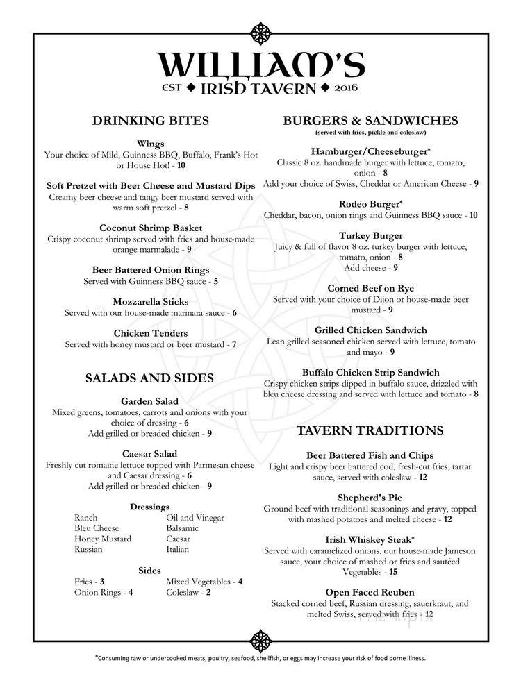William's Irish Tavern - Washington, NJ menu_pic