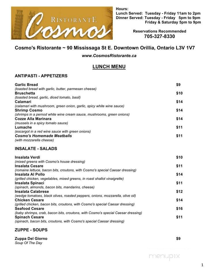 Cosmo's Ristorante - Orillia, ON menu_pic