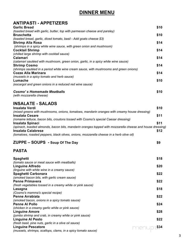 Cosmo's Ristorante - Orillia, ON menu_pic