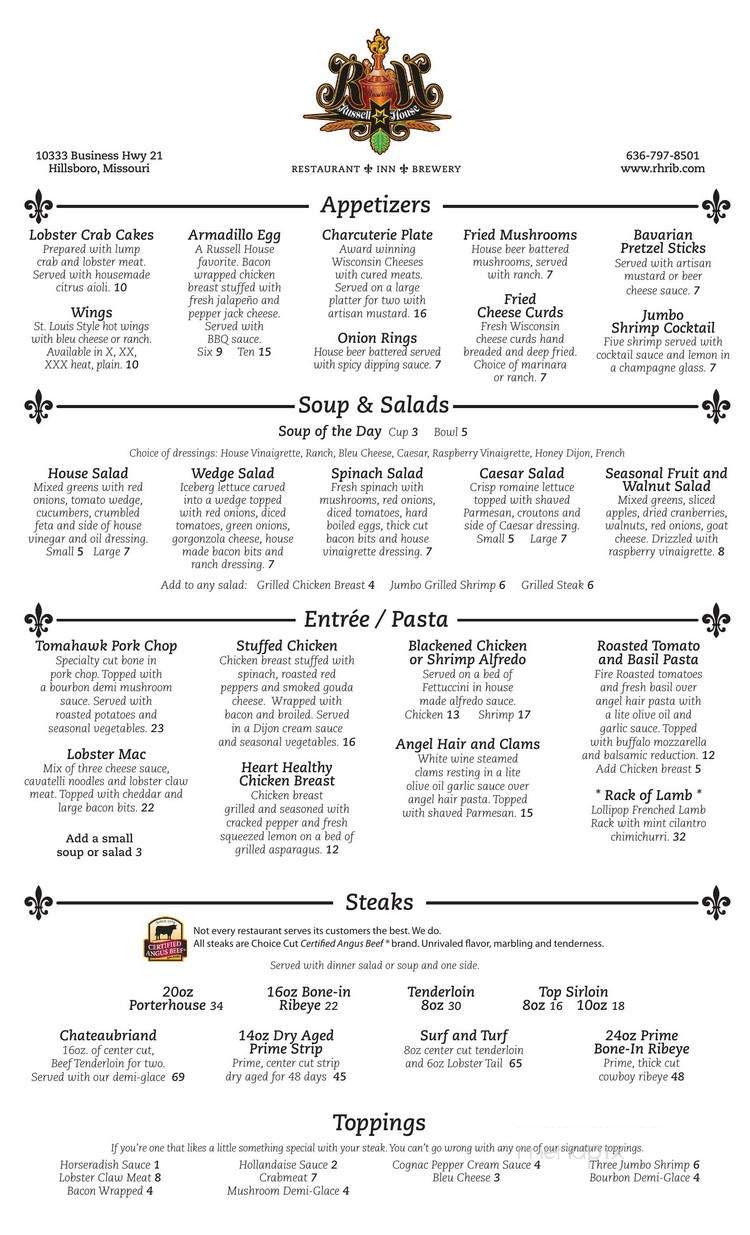 The Russell House Restaurant Inn and Brewery - Hillsboro, MO menu_pic