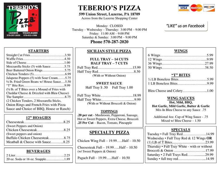 Teberio's Pizza - Wilkes barre, PA menu_pic
