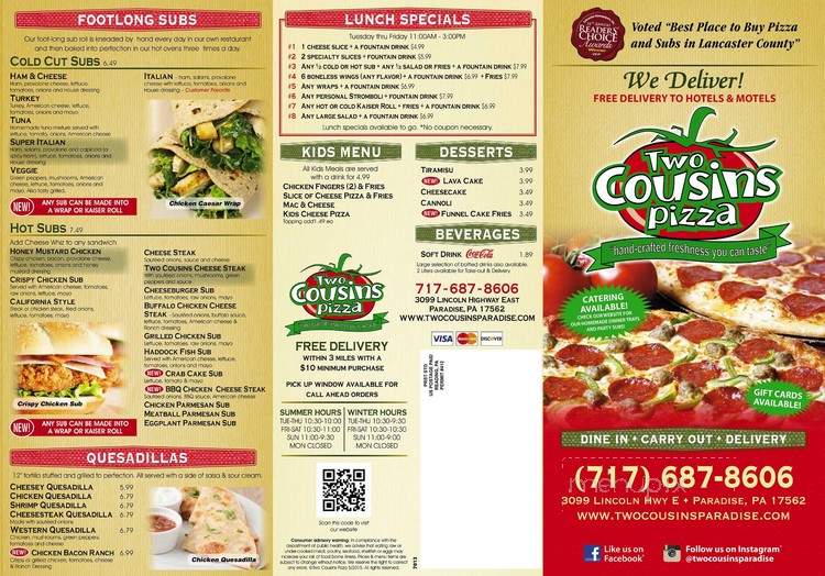 Two Cousins Family Restaurant - Paradise, PA menu_pic