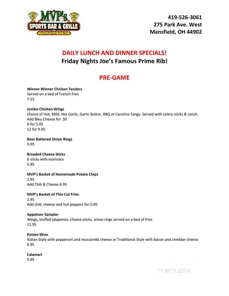 Online Menu Of Mvp S Sports Bar And Grille Mansfield Oh