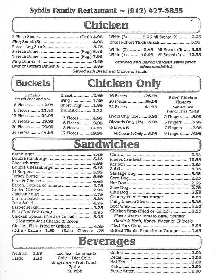 Sybil's Family Restaurant - Jesup, GA menu_pic