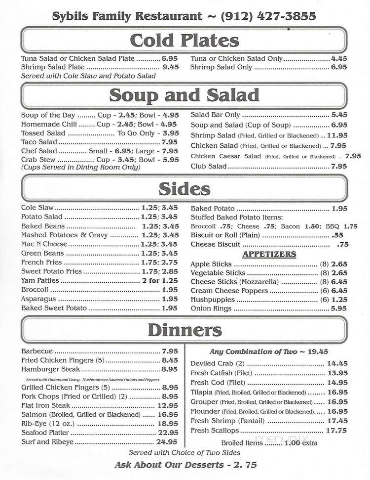 Sybil's Family Restaurant - Jesup, GA menu_pic