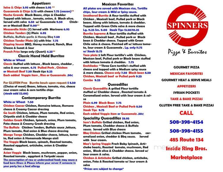 Menu of Spinner Pizza & Buritto in South Dennis, MA 02660