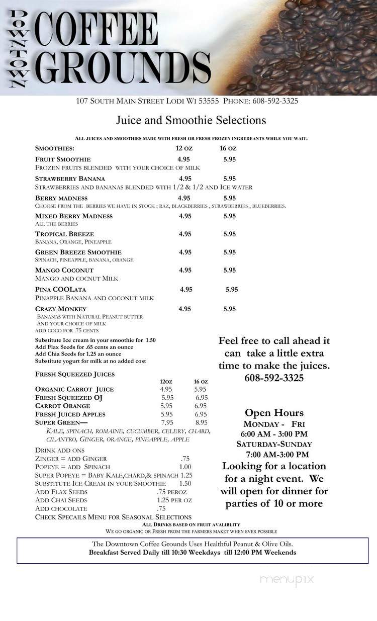 Downtown Coffee Grounds - Lodi, WI menu_pic