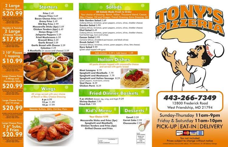 Tony's Pizzeria - Woodbine, MD menu_pic