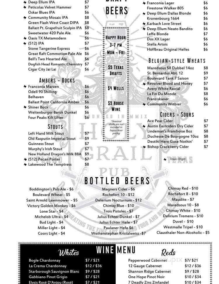 Holy Grail Pub - Plano, TX menu_pic