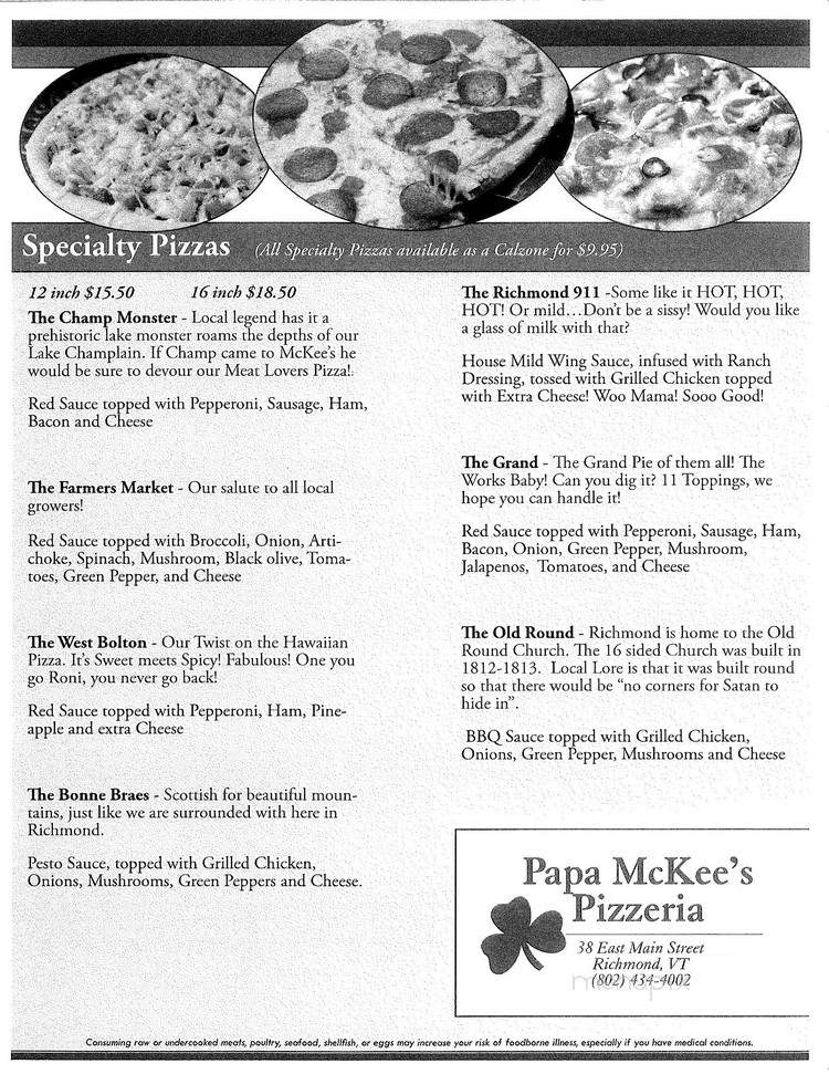 Papa McKee's Pizzeria - Richmond, VT menu_pic