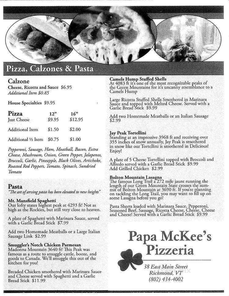 Papa McKee's Pizzeria - Richmond, VT menu_pic