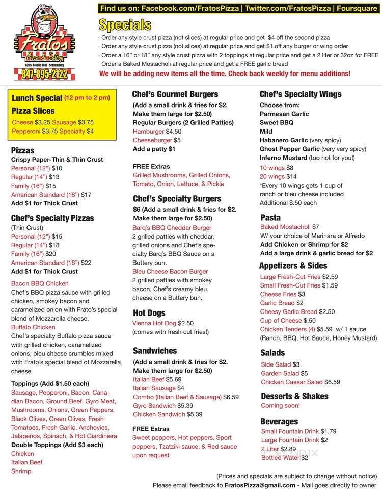 Frato's Eatery - Schaumburg, IL menu_pic