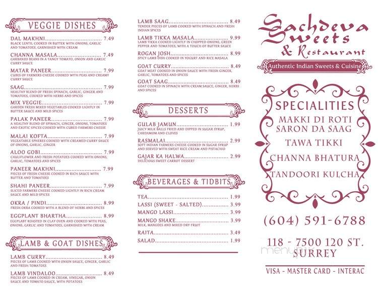 Sachdeva Sweets & Restaurant - Surrey, BC menu_pic