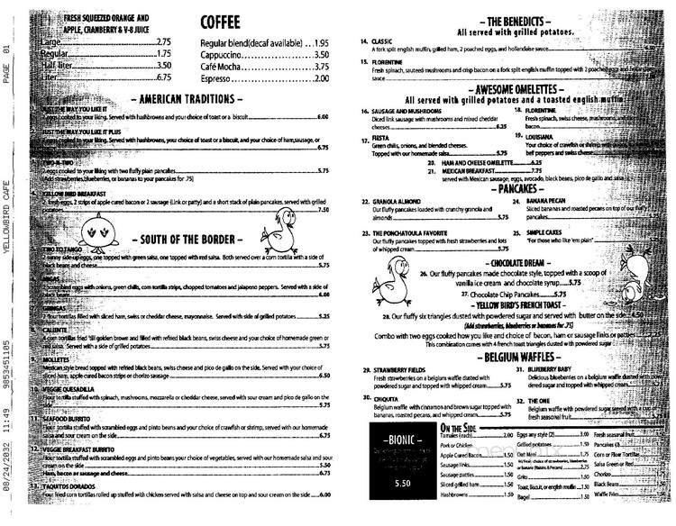 Yellow Bird Cafe - Hammond, LA menu_pic