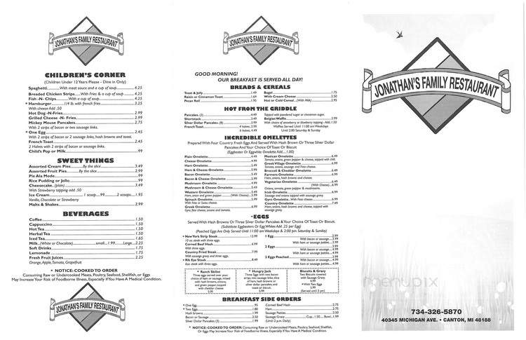 Jonathan's Family Restaurant - Canton, MI menu_pic