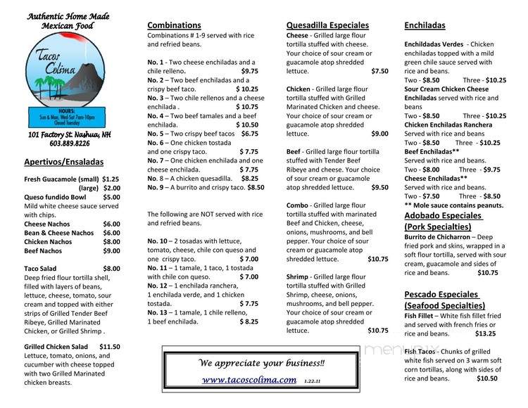 Tacos Colima - Nashua, NH menu_pic