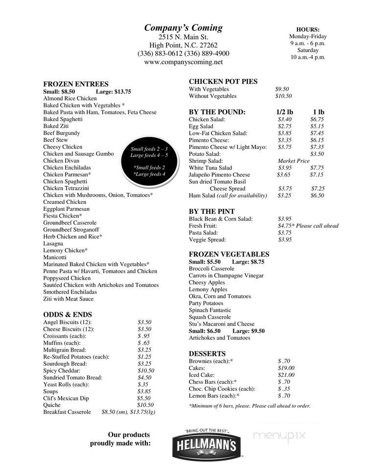 Company's Coming - High Point, NC menu_pic