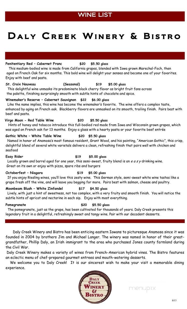 Daly Creek Winery & Bistro - Anamosa, IA menu_pic