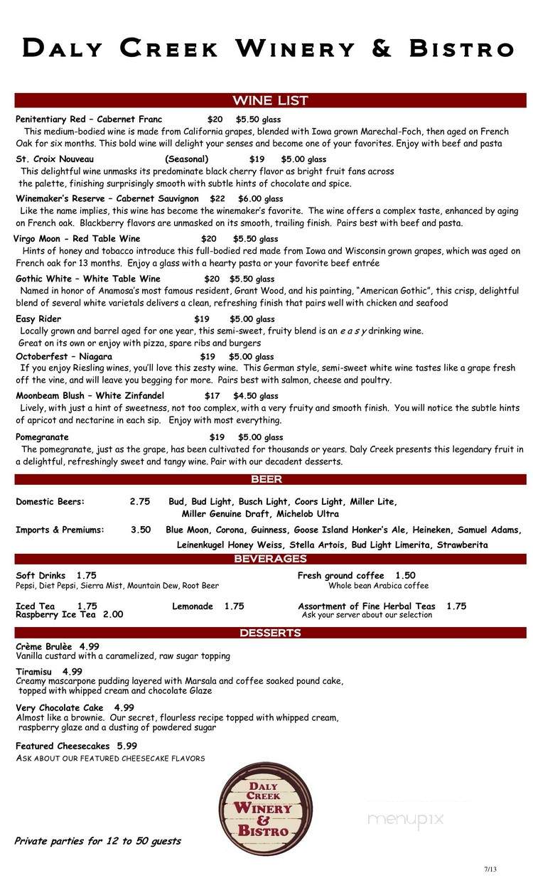 Daly Creek Winery & Bistro - Anamosa, IA menu_pic