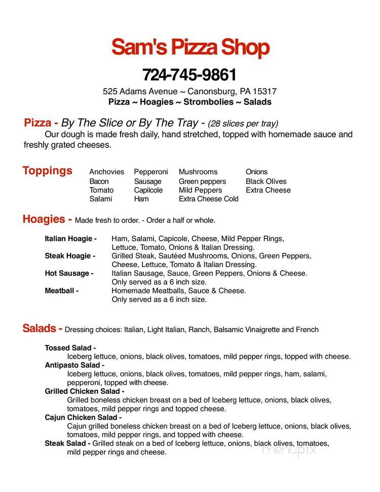 Menu of Sam's Pizza Shop in Canonsburg, PA 15317