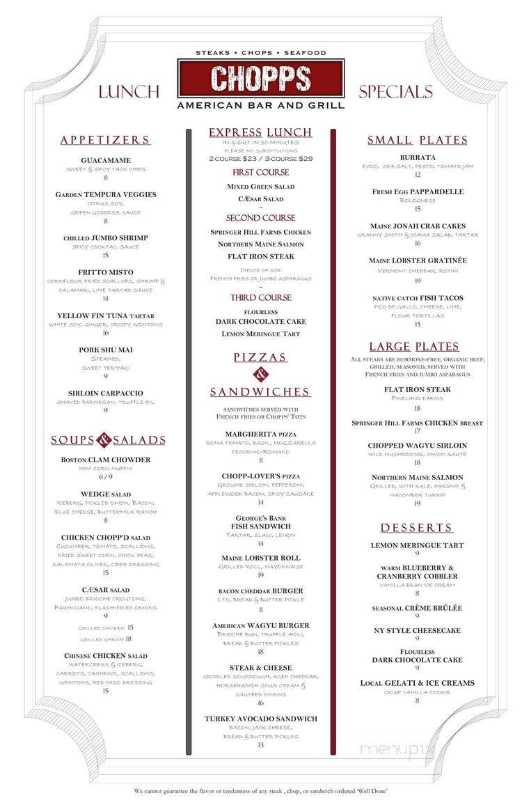 Chopps American Bar And Grill - Burlington, MA menu_pic