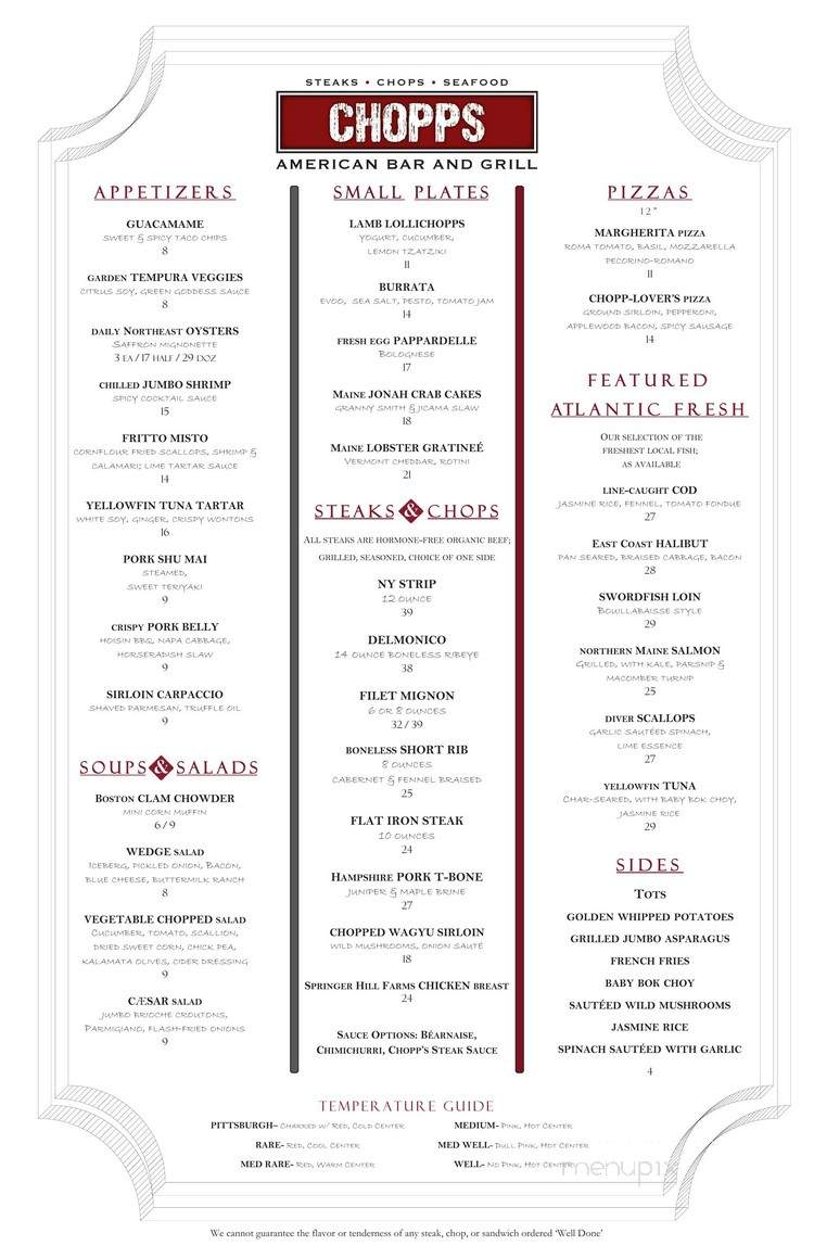 Chopps American Bar And Grill - Burlington, MA menu_pic