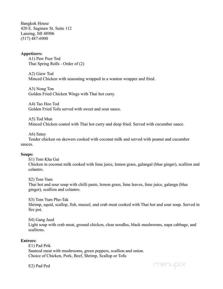 Bangkok House - Lansing, MI menu_pic