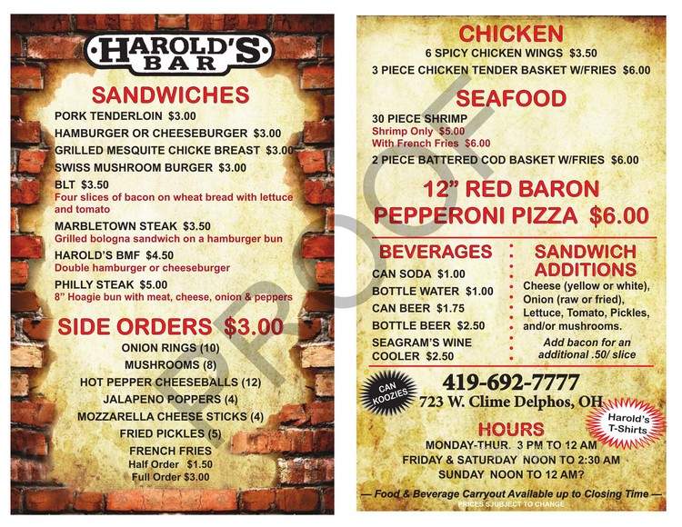 Harold's Bar - Delphos, OH menu_pic